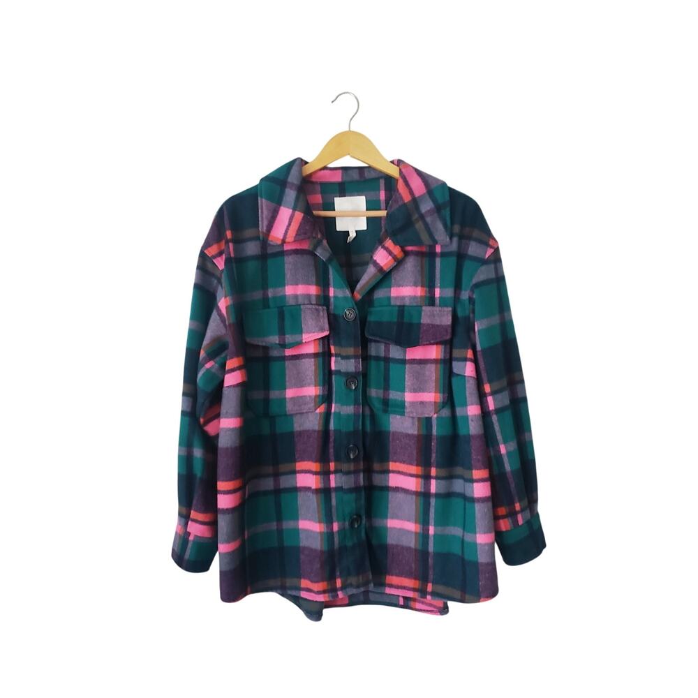 Avec Les Filles Wool Blend Plaid Shacket Pink/Green Size 1X